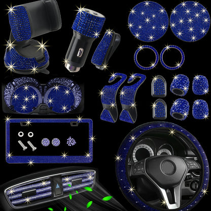 Bling Car Accessories Set 27pcs - Glitter Steering Wheel Cover 15 Inch, Bling License Plate Frame, Phone Holder & Car Coasters for Women & Men