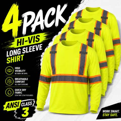High Visibility Safety Shirt Long Sleeve – 4 Pack ANSI III