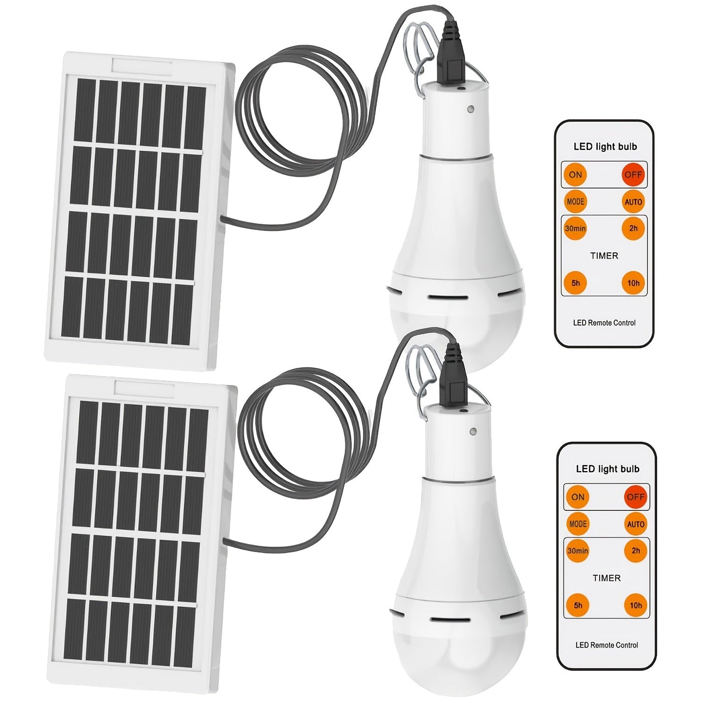 Solar Light Bulbs 2 Pack Campsite Outdoor – Remote Control Timer, 4 Modes 300LM, Light Sensor Auto On/Off, Solar & USB Rechargeable – Shed, Chicken Coop, Emergency & Camping Light