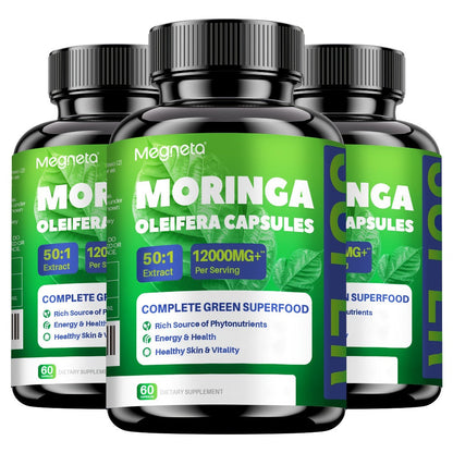 Moringa Capsules 12000mg Organic Superfood Supplement - Antioxidant, Immune Support, Skin Health & Natural Energy for Women & Men - Stimulant-Free Green Superfood Daily Capsules 60-180 Count