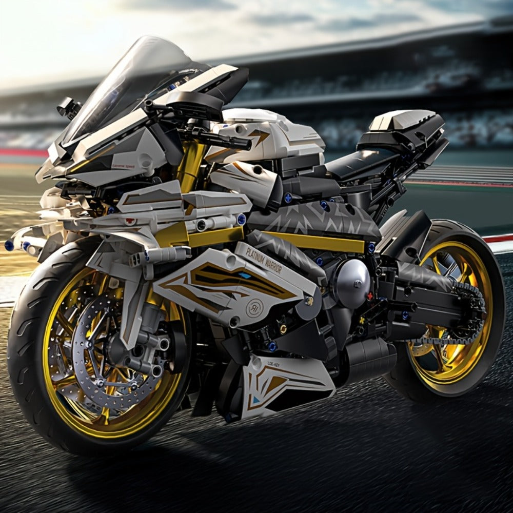 Motorcycle Building Blocks Model Kit 1:5 Scale 2000+ Pieces – Platinum Gold & White Collectible Brick Motorbike Display Set, Unique Gift for Men Adults Collectors Birthday Christmas (Premium Edition)