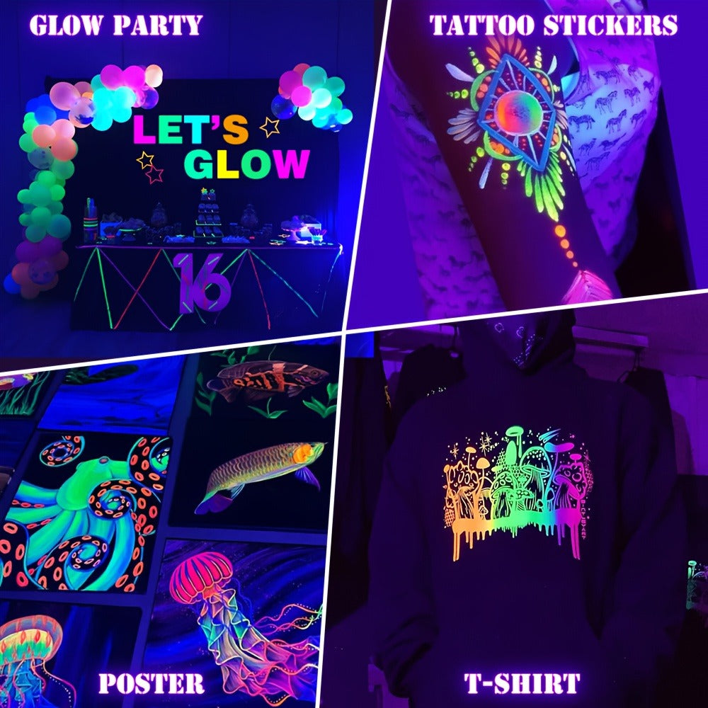 UV Black Light Flood Light 144 LED 385-400nm with USB Plug & Switch – Glow in the Dark Effect for Halloween Party Stage Lighting Body Paint Neon Poster Blacklight, Durable Plastic, 4 Pack
