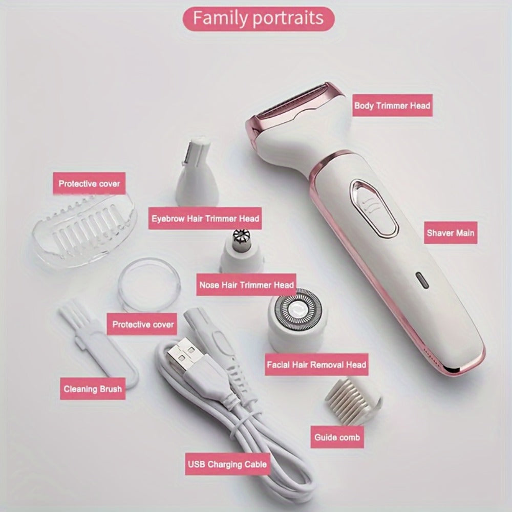 4-in-1 Electric Hair Remover for Women USB Rechargeable Shaver Trimmer – Eyebrow Nose Face Leg Bikini Line Underarm Peach Fuzz Removal Stainless Steel Blades Portable Travel Gift
