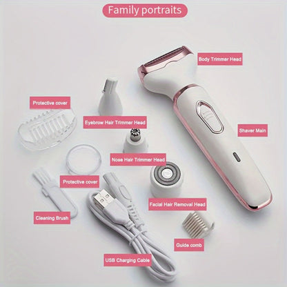 4-in-1 Electric Hair Remover for Women USB Rechargeable Shaver Trimmer – Eyebrow Nose Face Leg Bikini Line Underarm Peach Fuzz Removal Stainless Steel Blades Portable Travel Gift
