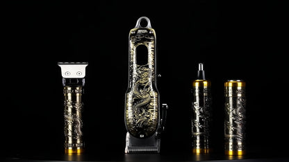 4-in-1 Men's Grooming Kit - Dragon Engraved Hair Clipper, T-Blade Trimmer, Nose Groomer & Shaver, 6000 RPM Motor, USB Rechargeable, LED Battery Display, Perfect Gift for Men