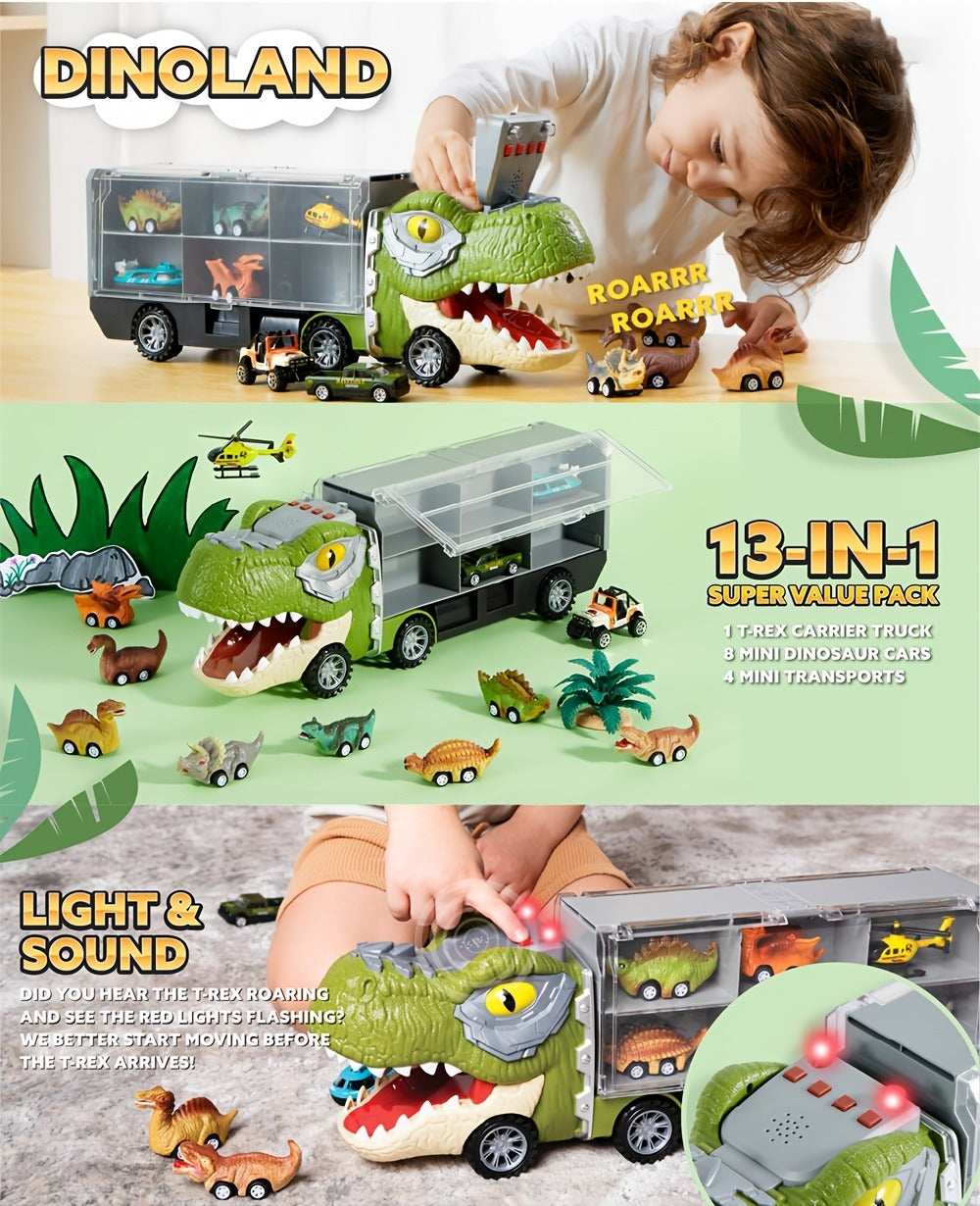 Dinosaur Truck Toy Set 13 PCS – Transport Carrier Truck with Lights & Sounds + 8 Pull-Back Cars + 3 Die-Cast Dino Vehicles + Helicopter | Friction Powered Dinosaur Toy for Boys Ages 3+ | Best Birthday Christmas Gift