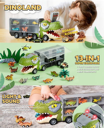 Dinosaur Truck Toy Set 13 PCS – Transport Carrier Truck with Lights & Sounds + 8 Pull-Back Cars + 3 Die-Cast Dino Vehicles + Helicopter | Friction Powered Dinosaur Toy for Boys Ages 3+ | Best Birthday Christmas Gift