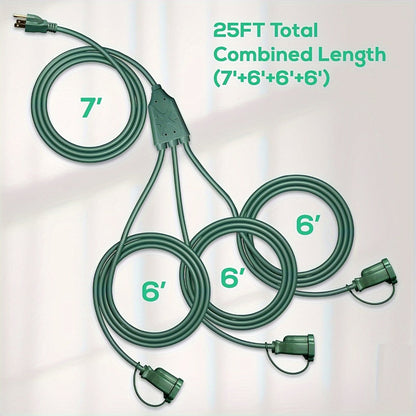 Extension Cord Splitter 1 to 3 Outlets 25FT 50FT 16/3 SJTW Pure Copper Core UV-Resistant PVC Jacket 3 Grounded Outlets for Holiday Decoration Christmas Lights Outdoor Indoor Patio Garden Black Green