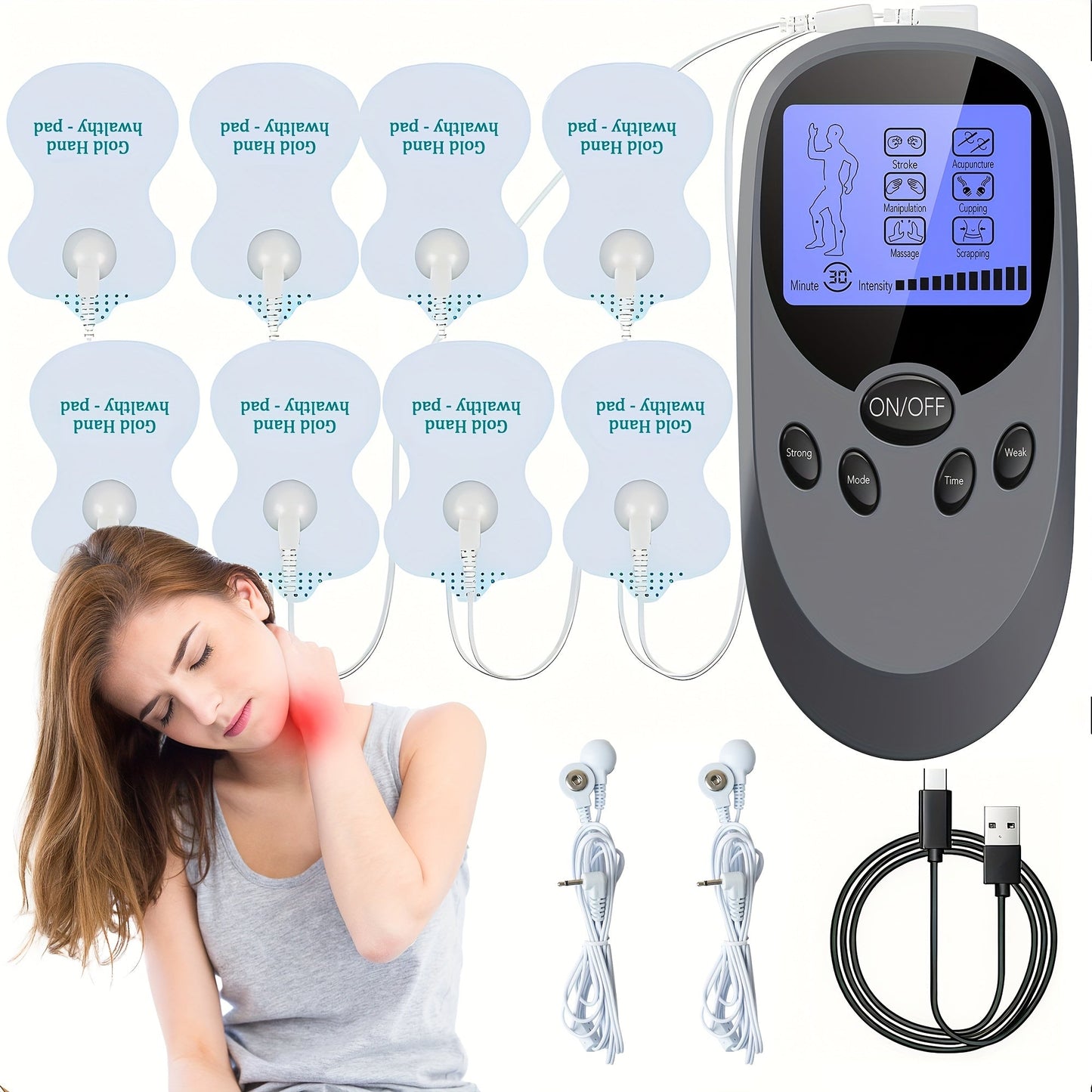 TENS EMS Dual Channel Muscle Stimulator Massager – 8 Electrodes for Back, Shoulder & Knee Pain Relief, Muscle Recovery, Portable Electric Pulse Therapy Device