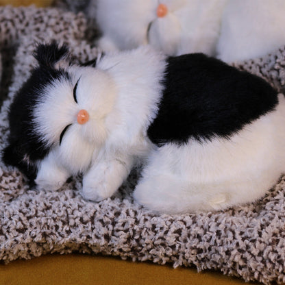 Stuffed Cat Plush Toy Realistic Sleeping Kitten with Meow Sound Soft Faux Fur Simulation Cat Doll Desk Decor Birthday Christmas Gift for Kids Cat Lovers