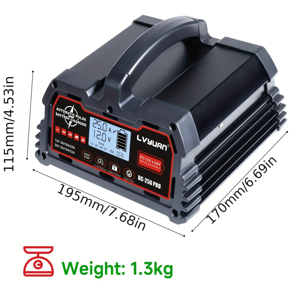 Smart Battery Charger 12V 25A 24V 12A 8-Stage Trickle Charger with Temperature Compensation for LiFePO4 Lead Acid Car Truck Motorcycle Boat Batteries