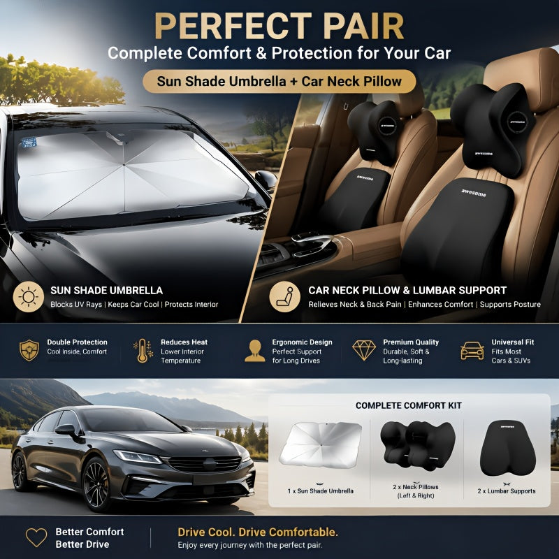 Premium Comfort Car Accessories, All-in-One Car Comfort Kit: Windshield Sun Shade + Memory Foam Neck Pillow & Lumbar CushionThis 2pcs Memory Foam Car Headrest And Lumbar Support Set Cools Down Your Car Interior, Eases Neck Tension And Delivers