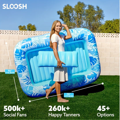 Inflatable Tanning Pool Float 4-in-1 Suntan Tub Raft for Adults – Large 70"x46" Sunbathing Lounger with Pillow, Ball Pit & Pool Party Lounge, Blue Floating Relaxation Bed