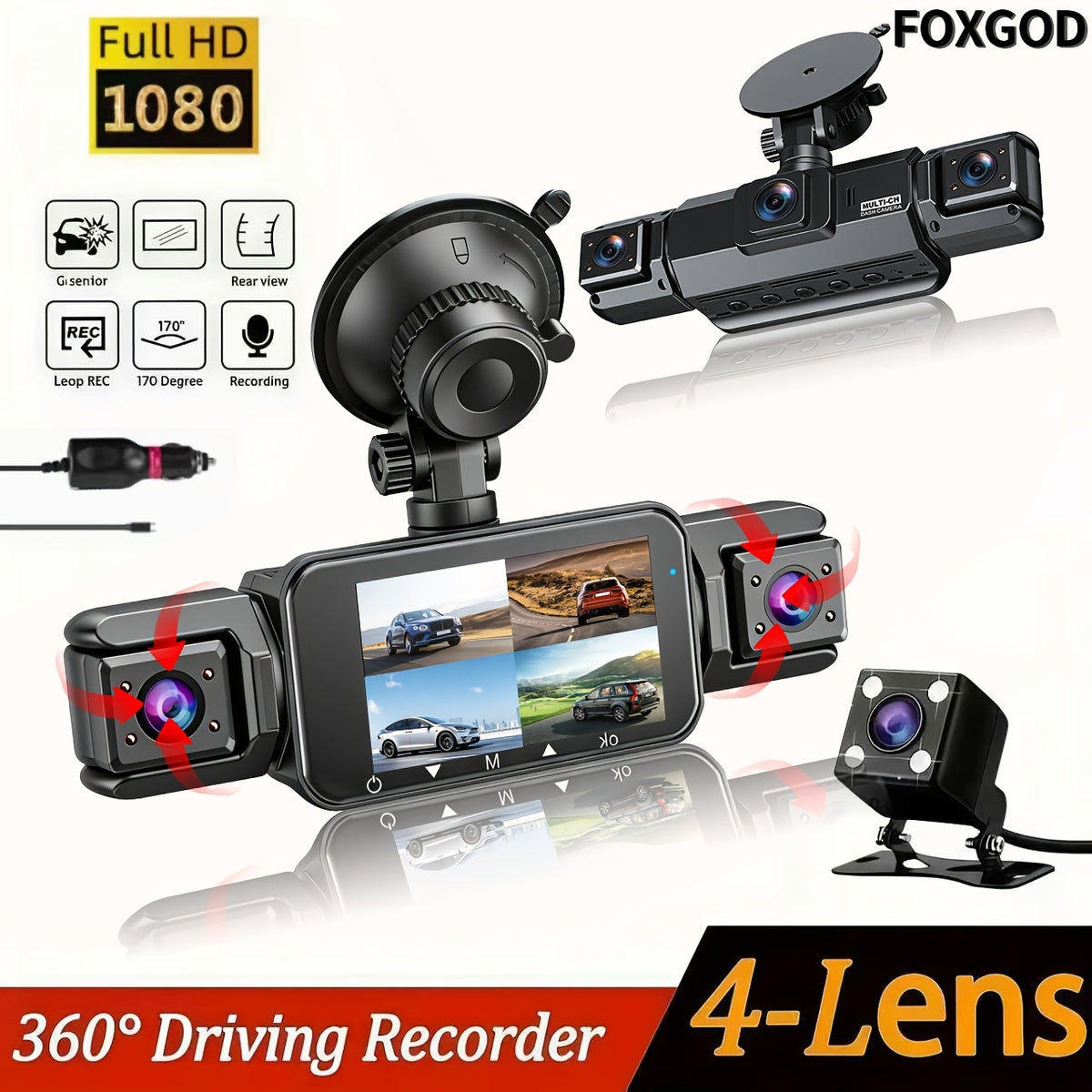 FOXGOD Car Dashboard Camera 360° Panoramic 3/4 Lens Channel 1080P HD Ultimate Safety Dash Cam Set, 1080P Full Coverage Front, Rear, Left, And Right, Quad-Split Screen Display, HD Night Vision, WDR, G-Sensor, Loop Recording - Car Accessories/Car Dash
