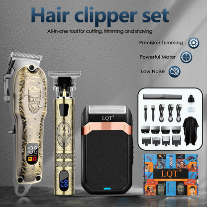 Electric Hair Clipper Set for Men - LQT USB Rechargeable 2000mAh with Engraving Scissors Metal Digital Display Cordless Barber Kit 2 3 4 Piece Home Salon Bronze Gift