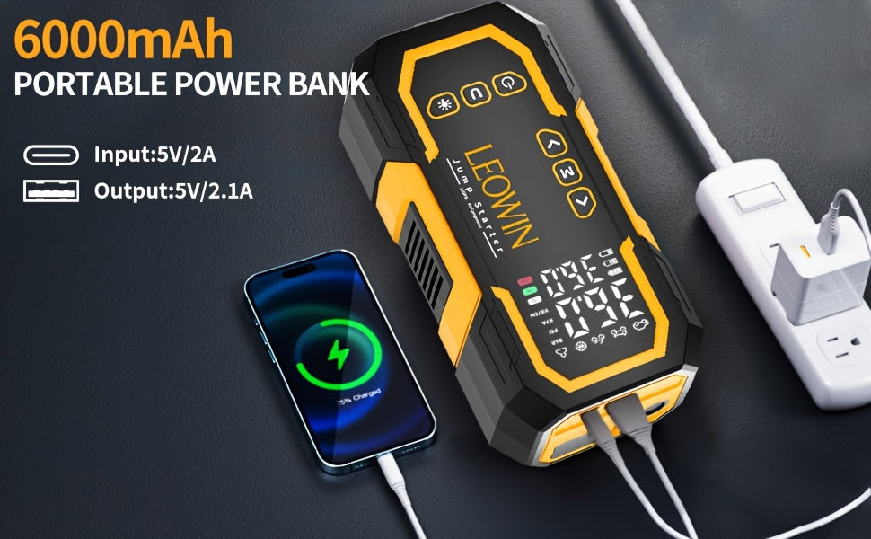 Portable Car Battery Jump Starter with Air Compressor, 12V Battery Booster Pack (9.0 Gas/1.72gal Diesel) with 150PSI Auto-Shutoff Tire Inflator, Jump Box with Smart Clamps, Jumper Cables, USB Input/output, LED Emergency, Car Accessories Tools