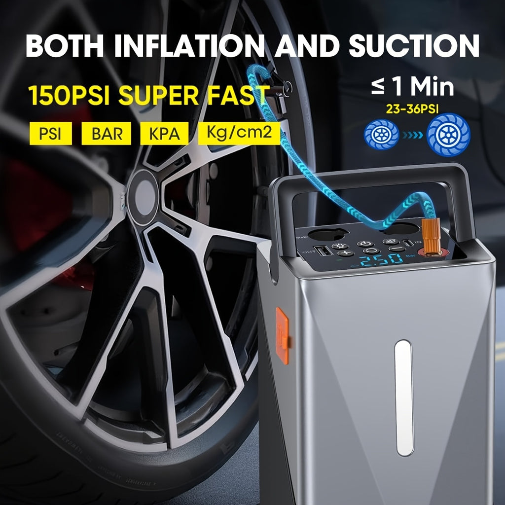 Jump Starter with Air Compressor, 5in 1 Function Jump Box 25000mAh Peak 150PSI Jump Starter Battery Pack with Digital Tire Inflator, Car Battery Charger Portable for 10.L Gas Or 2.38gal Diesel QC18W Fast Charging USB Output, LED Emergency Lighting