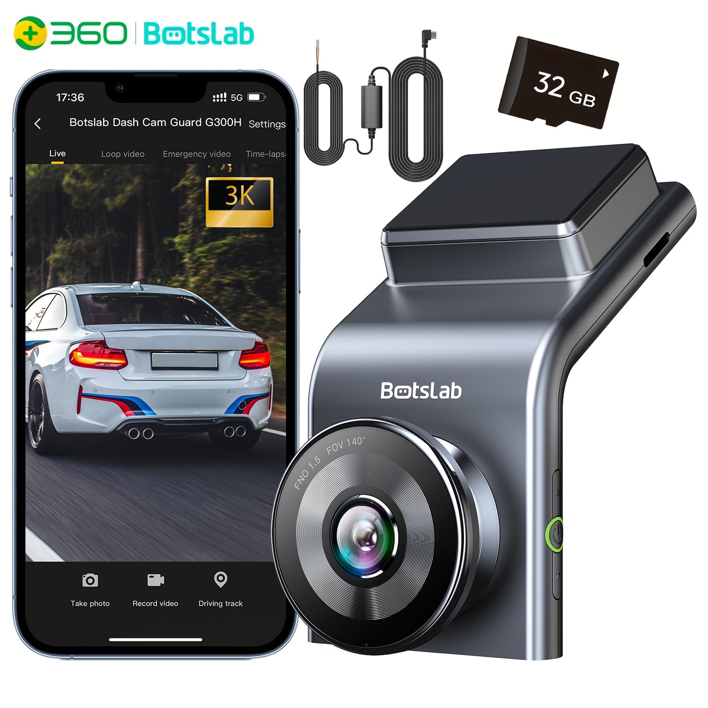 Botslab G300H Pro 3K Dash Cam 140° Wide Angle Built-in WiFi GPS Night Vision Motion Detection Parking Mode WDR Loop Recording Smart Alerts, Optional Hardwire Kit & 32G SD Card