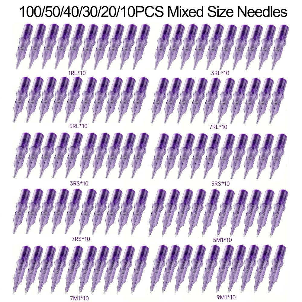 Disposable Tattoo Needles Mixed Size Sterilized RL RS M1 0.35mm – Safety Tattoo Needle Set for Tattoo Artists and Beginners, Body Art Supplies 30 40 100 Piece Bulk Pack