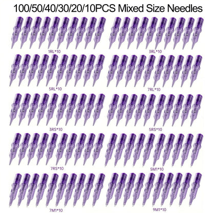 Disposable Tattoo Needles Mixed Size Sterilized RL RS M1 0.35mm – Safety Tattoo Needle Set for Tattoo Artists and Beginners, Body Art Supplies 30 40 100 Piece Bulk Pack