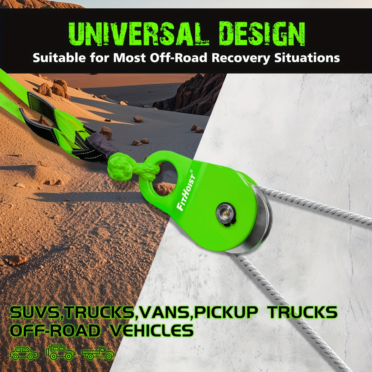 Off-Road Recovery Equipment, Including a Snatch Block Pulley, a 3" X 8' Tree Saver Strap, And Two Soft Shackles Measuring 1/2" X 22", Designed for Winching Vehicles Like Cars, Trucks, Suvs, And Atvs