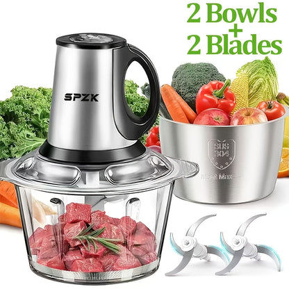 Electric Food Chopper with 2 Bowls & 2 Blades – Multi-Function Food Processor, Meat Grinder & Vegetable Chopper for Meats, Salads, Nuts, Garlic & More