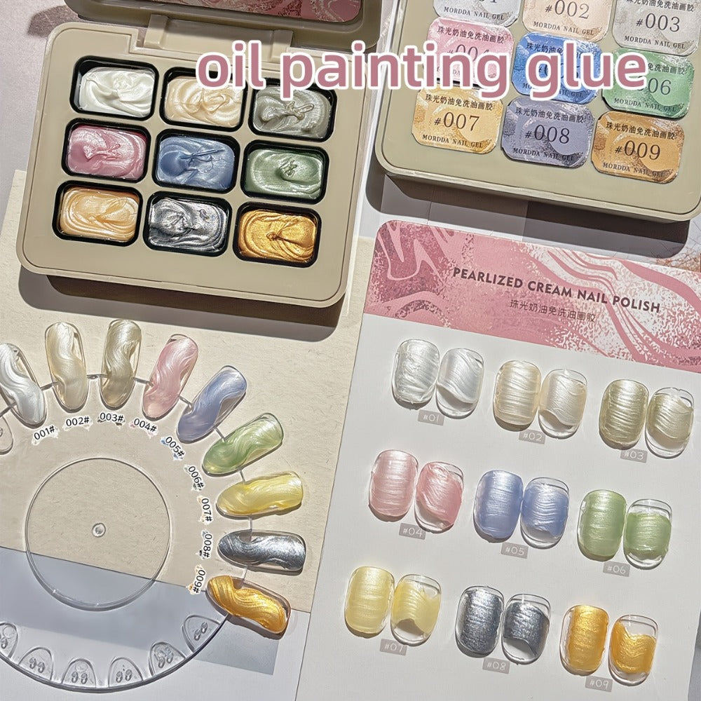 Pearlescent Nail Gel 9-Grid Shell Shimmer Mother of Pearl Cream Oil Painting Gel Polish Set – Multicolor Glitter Iridescent Spiral Design for Salon & DIY Nail Art, Gift for Women & Girls