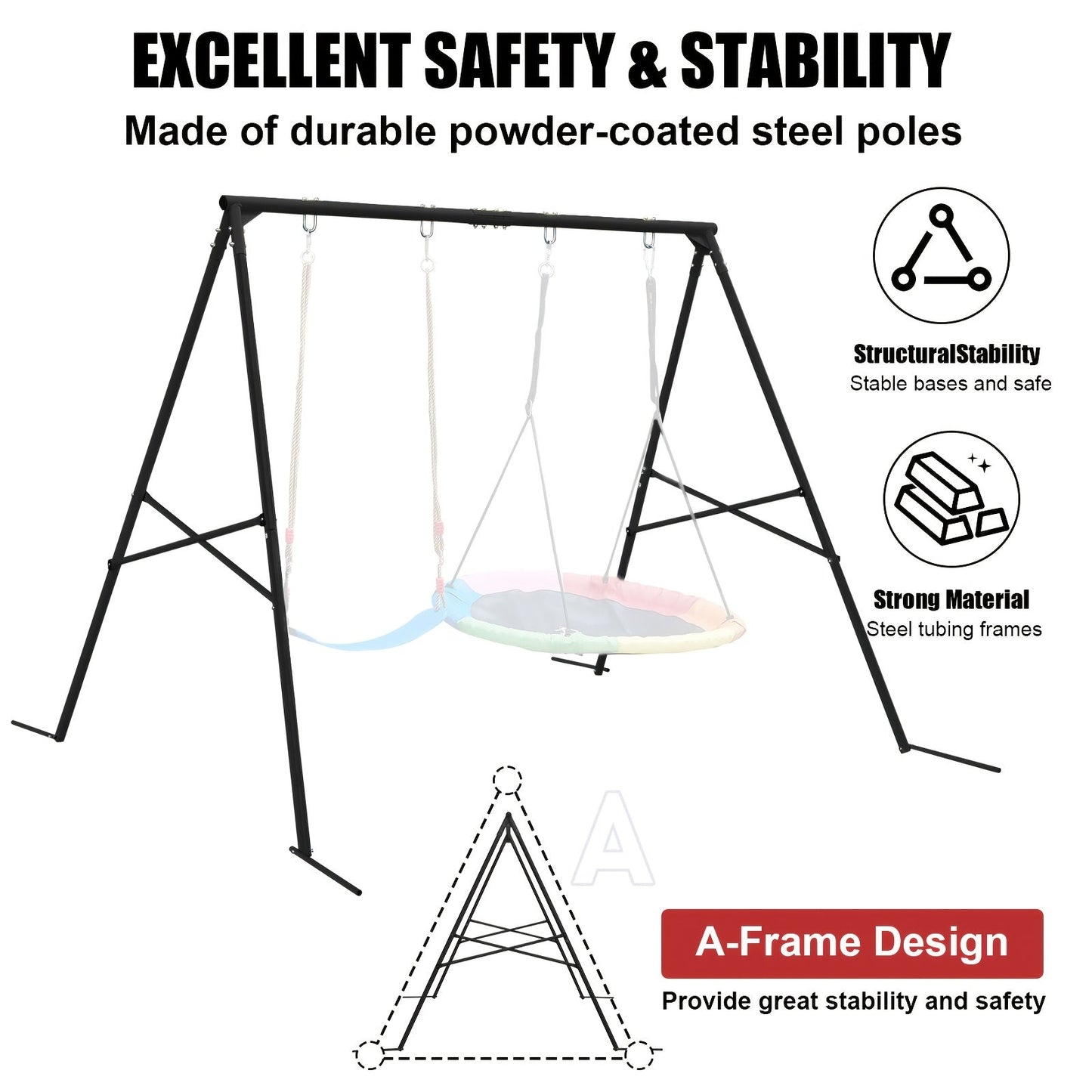 Heavy Duty Swing Set Frame – Full Steel A-Frame Outdoor Swing Stand with Ground Stakes, Supports 2 Swings & Up to 550 LBS, Backyard Playground Equipment for Kids (Swings Not Included, 2 Colors)