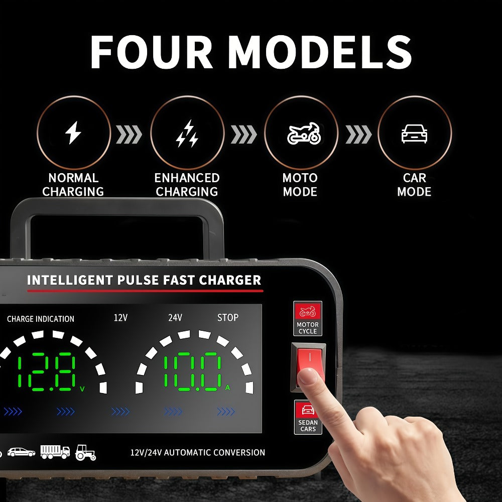 Car Battery Charger 12V/24V with LCD Display – Fast Charging Portable Maintainer for Cars, Trucks, RVs & Motorcycles, Overcharge Protection, Lead-Acid Compatible