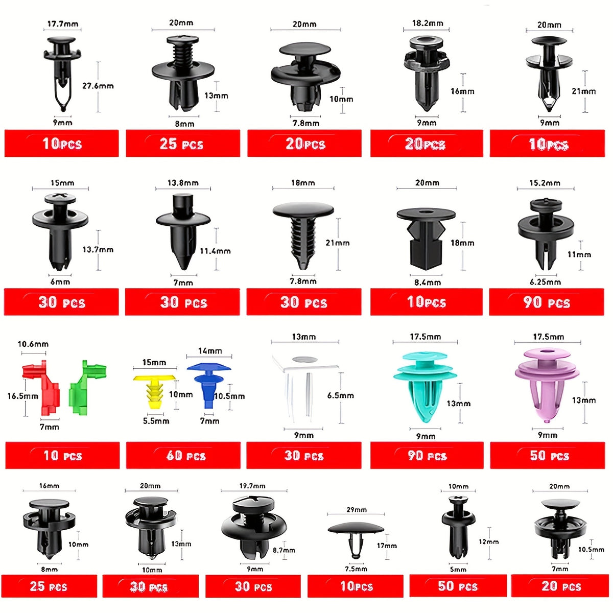 735/740pcs Of Car Buckle Fixing Clip, Various Car Fasteners, 23 Most Popular Sizes Of Nylon Bumper Fender Rivets, with 10 Zip Ties And Fastener Remover