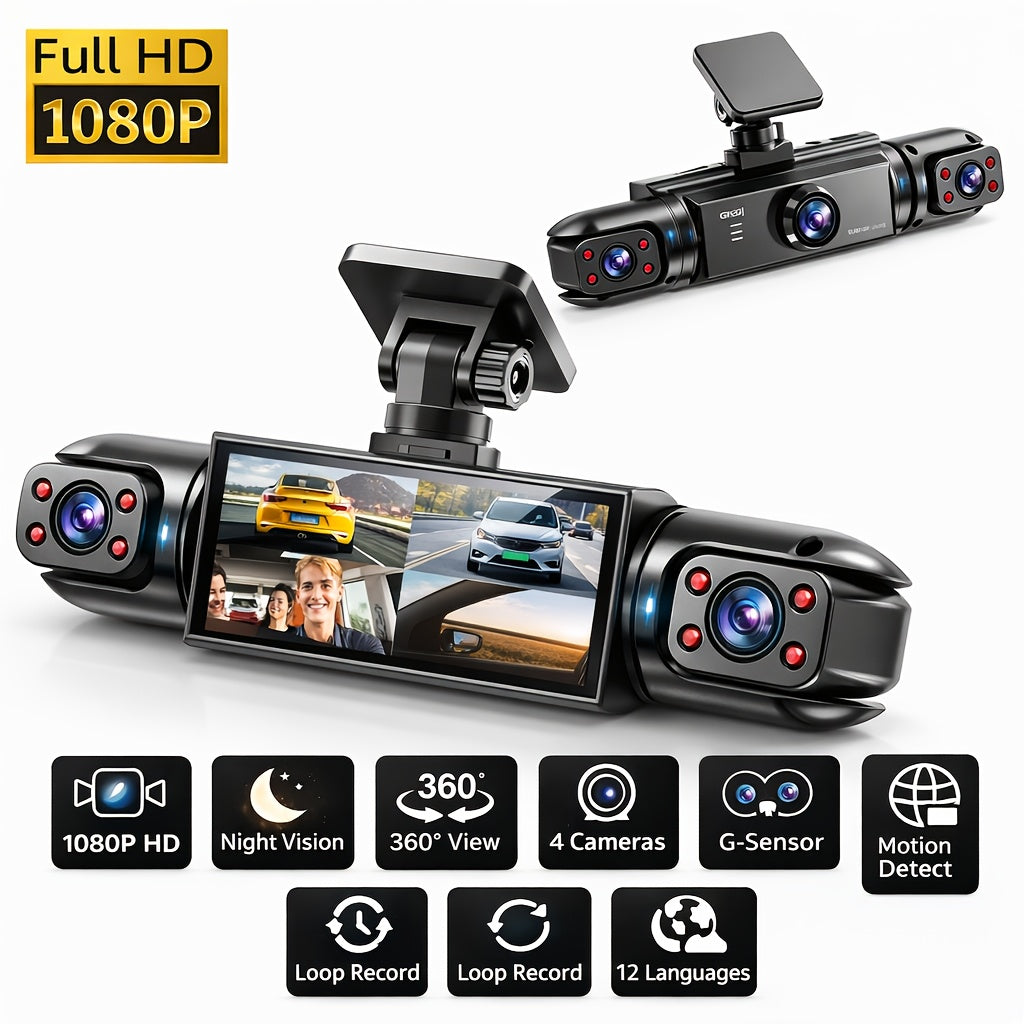 Four-camera HD Dash Cam | 360° View + 3.6-inch Screen, Infrared Night Vision with Dynamic Lock Exposure, Loop Recording, Collision Lock, And Parking Detection