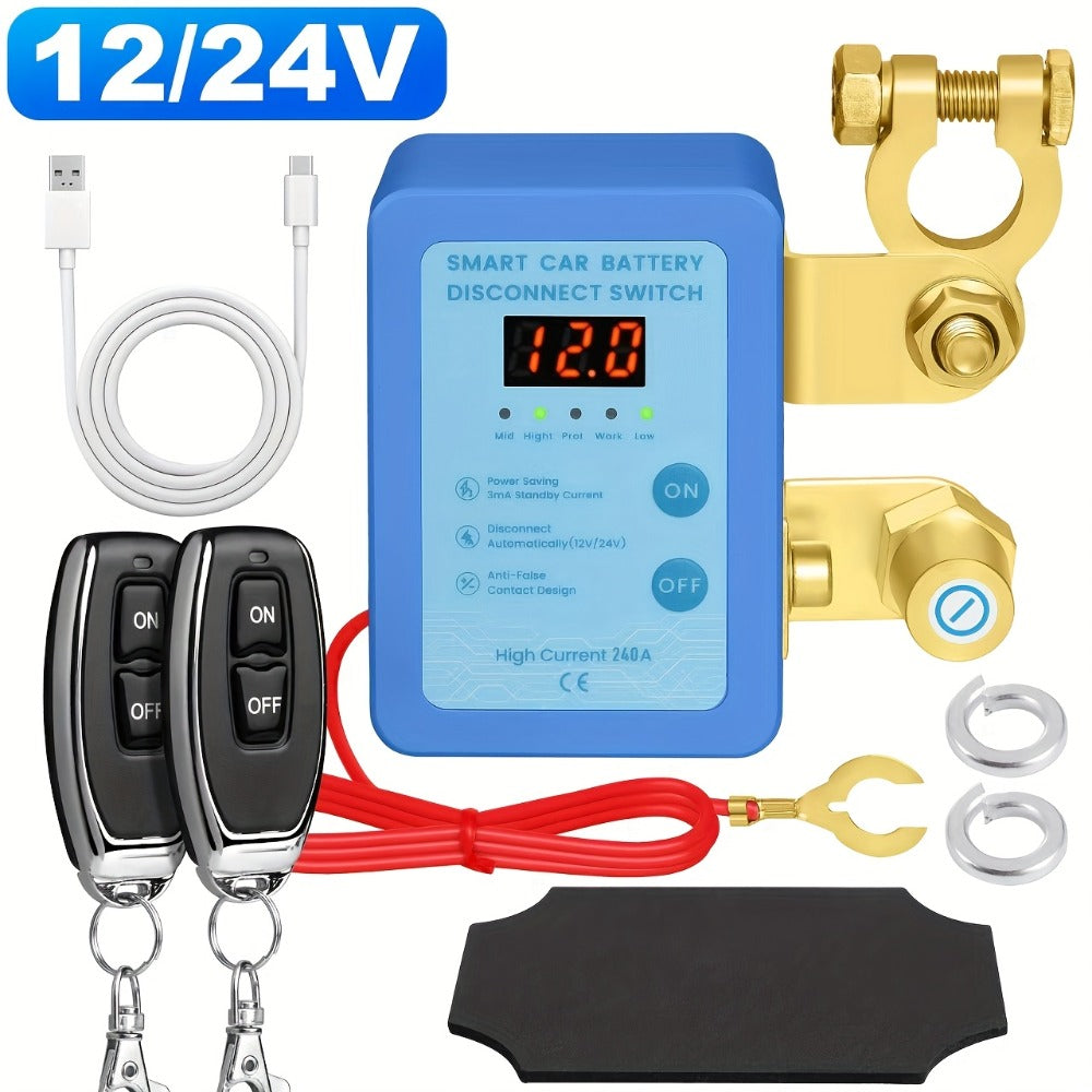 Car Battery Auto Power Off Switch with LED Voltage Display - 12V/24V Anti-Drain Protection, Low Voltage Alarm, 240A Remote Control Battery Disconnect