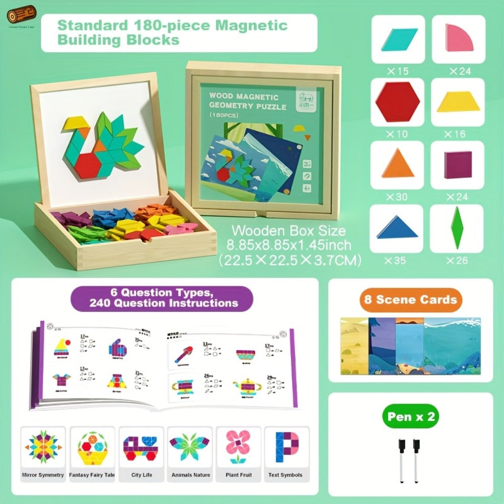 Magnetic Wooden Puzzle Blocks 128 180 220 Piece Set – Geometric Figures Cognitive Learning STEM Toy for Kids, Creative Jigsaw Building Gift for Toddlers & Children