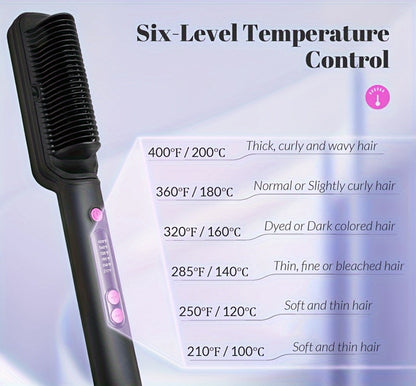 6-Setting Ionic Hair Straightener Brush with Fast Heat-Up & Anti-Scald Protection – Precise Temperature Control Flat Iron Straightening Comb for Women, All Hair Types, Home & Salon Use
