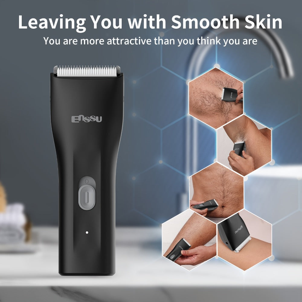 Manscaping Trimmer for Men IPX7 Waterproof Ceramic Blade Electric Groin & Pubic Body Hair Shaver – LCD Battery Display Replaceable Head Safe Grooming Tool, Black Blue White