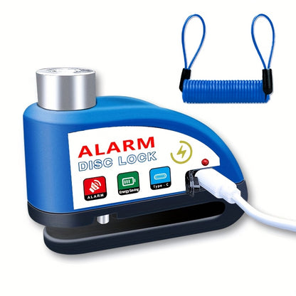 Motorcycle Disc Brake Lock with 120dB Alarm & USB Rechargeable 500mAh Battery, Anti-Theft Security Lock for Motorcycles Bicycles Dirt Bikes Scooters, Includes Charging Cable & Reminder Rope, Blue