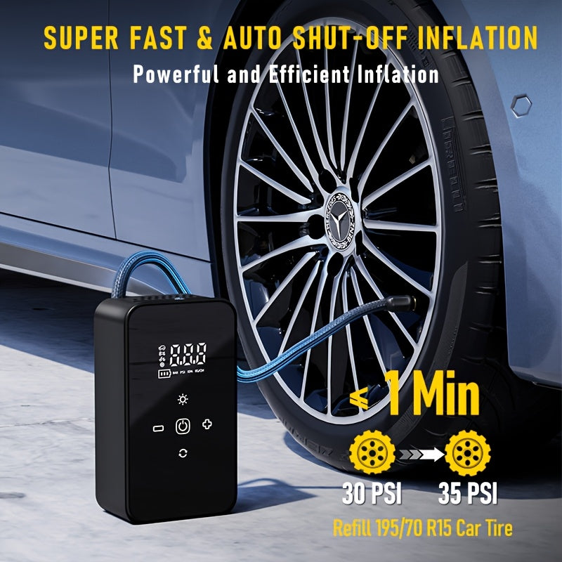 Portable Tire Inflator with Digital Pressure Gauge And LED Light Suitable for Family Travel And Sports Compatible with USB-C Equipment Portable Tire Inflator Fashionable Design DUrable Structure Lightweight Design Of Garage Tools Rechargeable Battery