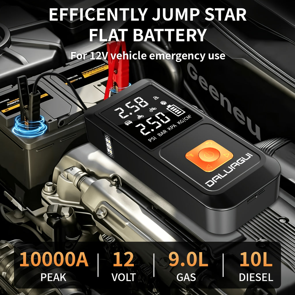 DALUAGUI -10000A Peak Emergency Jump Starter Power Supply with Air Pump, 9-in-1 Function, 12V Car Battery Charger, 150 PSI Fast Tire Inflator, LED Flashlight, USB, Suitable for Gasoline And Diesel Vehicles, SUVs, And Trucks. Ideal As A Holiday Gift.