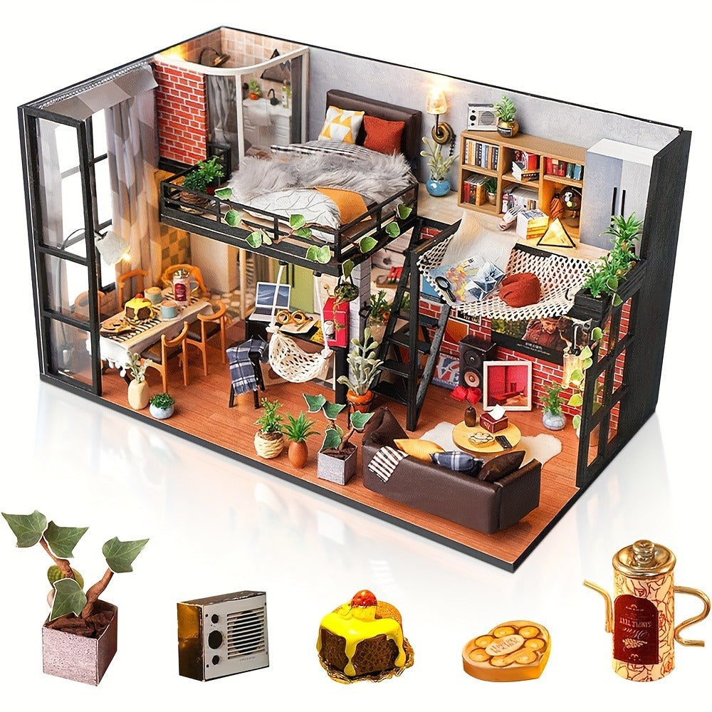 Miniature Apartment Dollhouse Kit with Protective Cover Handmade 3D Puzzle DIY House Furniture Accessories Home Decor Gift for Adults Teens Birthday Christmas Anniversary