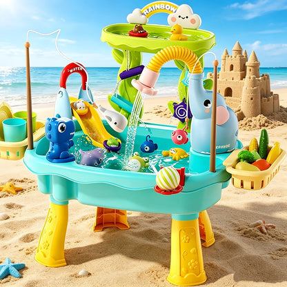 Kids Water Table Toy with Electric Pump & Faucet for Toddlers - Play Sink with Food Accessories & Fishing Toy, Sensory STEM Kitchen Water Play for Boys Girls Ages 3 4 5, Birthday Gift