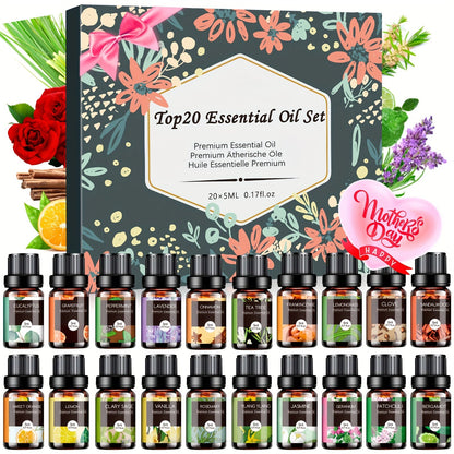 Essential Oil Set – Pure Natural Aromatherapy Oils in Amber Glass Bottles for Diffuser & Humidifier, DIY Fragrance, Valentine's Day & Holiday Gift for Women, Girls, Friends & Family (12/20/26pcs)