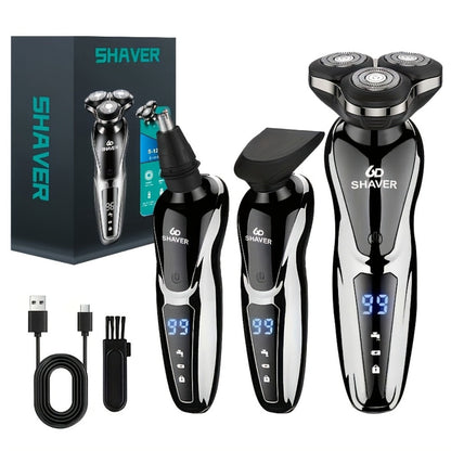 Electric Shaver for Men 3D Floating Blade 3-in-1 Beard Trimmer Digital Display USB Rechargeable Portable Grooming Kit Standalone 3-in-1 or 4-in-1 Set