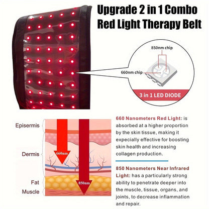Wearable Red Light Therapy Belt – 660nm & 850nm 3-in-1 Chip Infrared Light Wrap with Timer for Inflammation Relief, Wound Healing & Body Recovery, Portable At-Home Pain Relief Therapy Device, Black