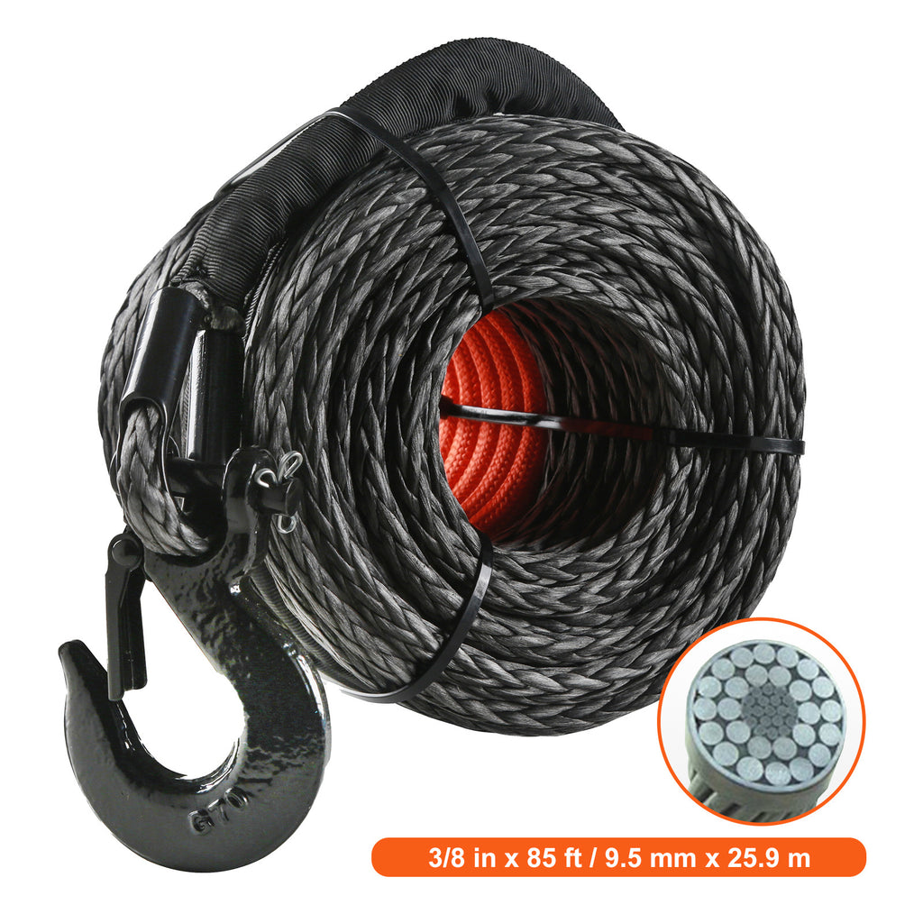 VEVOR Synthetic Winch Rope, 3/8 Inch x 85 Feet 26,500 lbs Synthetic Winch Line Cable Rope with Protective Sleeve + Forged Winch Hook + Pull Strap, Universal Fit for SUV, Large Off-Road Vehicle, Truck