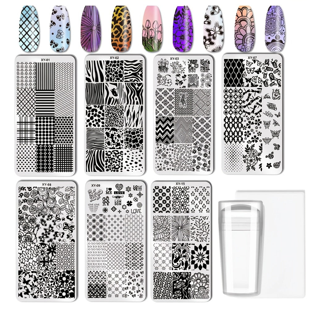 Nail Stamping Plate Set 9Pcs with 7 Mixed Design Stainless Steel Plates – Complete Nail Art Stamp Kit with Stamper & Scraper for Floral Geometric Abstract DIY Manicure Printing, Reusable Beginner & Pro Nail Decoration