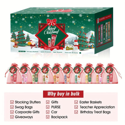 Bulk Gift Set 120 Pieces Lip Balm & Hand Cream with Red Velvet Bags & Holiday Cards — Moisturizing Party Favors for Colleagues, Employees & Friends