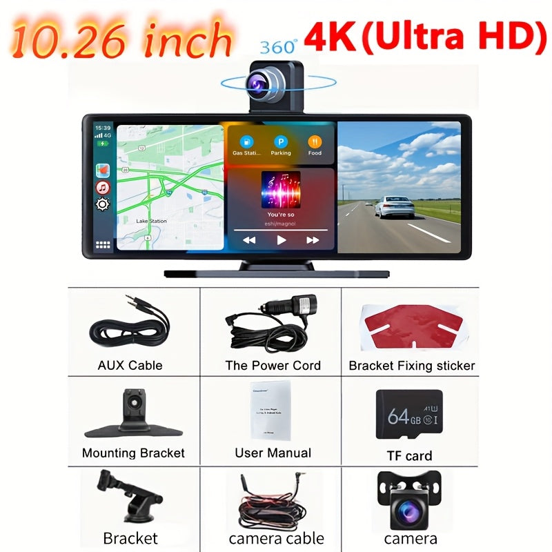 10.26 Inch 4K Ultra HD/7 Inch 1080P Portable Car Stereo with Wireless Carplay Screen, Carplay Radio Touchscreen, Car Video Players for Any Car, Without Battery