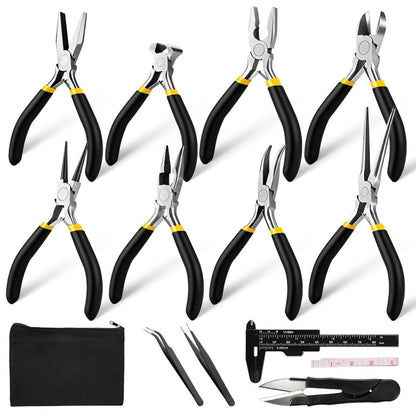 Jewelry Making Pliers Set 3/14pcs Tool Kit - Professional Round Nose, Flat Nose & Needle Nose Pliers, Wire Cutters, Tweezers, Scissors, Vernier Caliper, Storage Bag, for Beading, Wire Wrapping & DIY