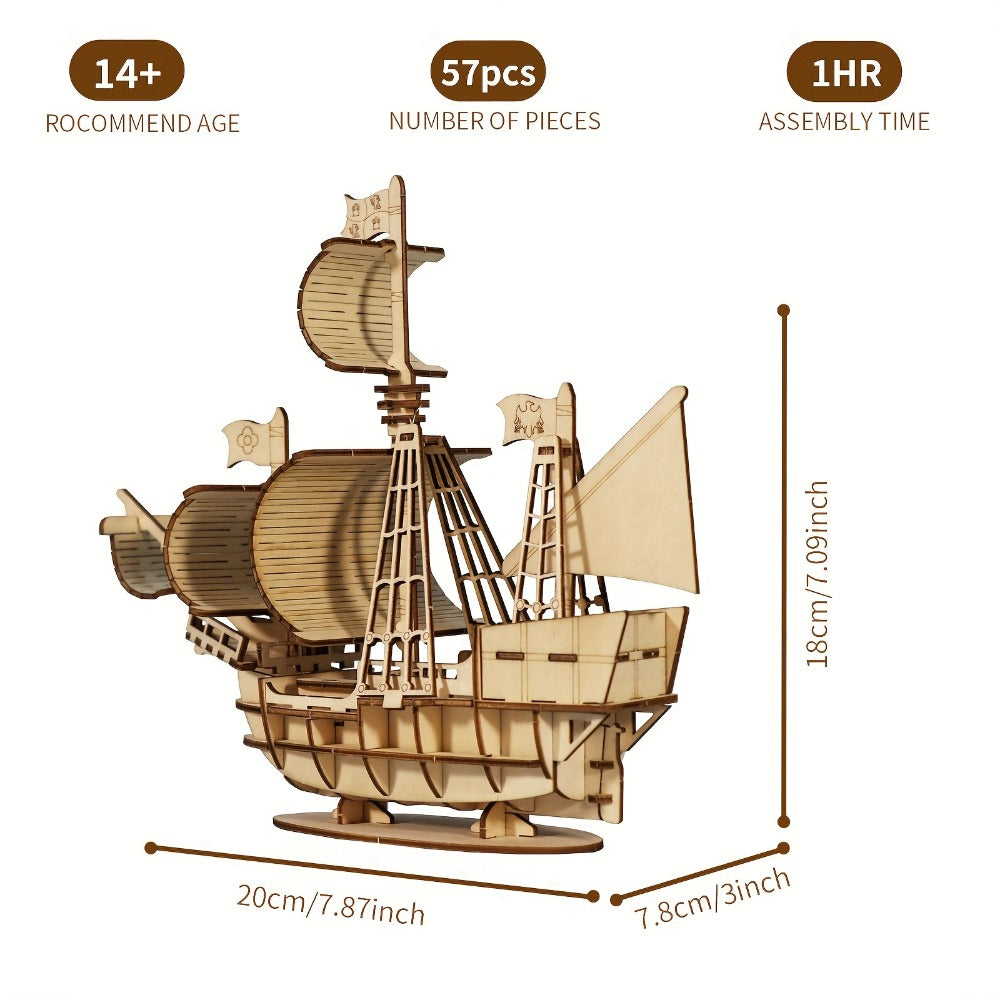 3D Wooden Model Kit Ocean Sailboat – DIY Assembly Puzzle for Adults & Teens, Handcrafted Sailing Ship Brain Teaser, Nautical Hobbyist Gift for Christmas Birthday Home Decor Display