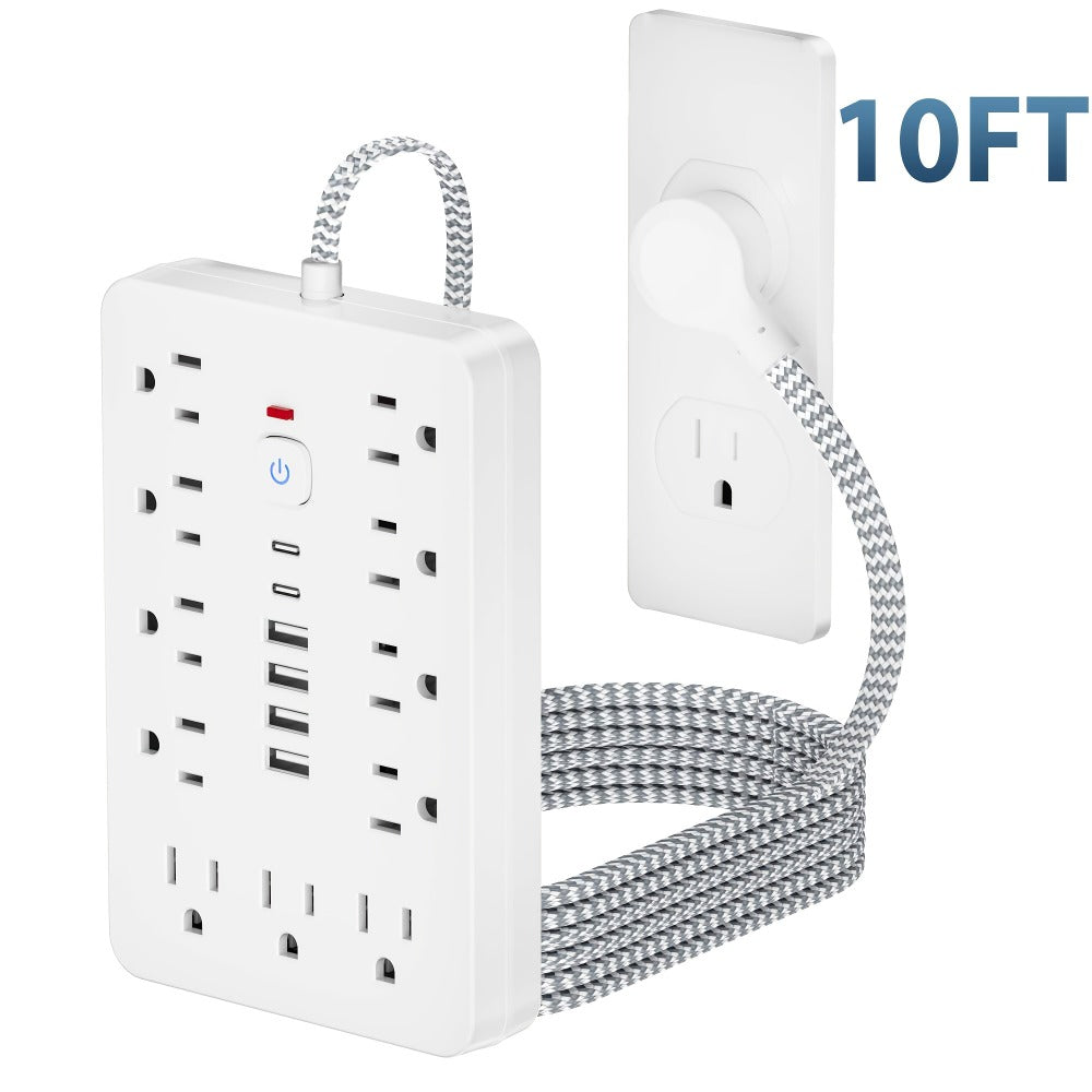 Extension Cord Power Strip with USB Ports 11 AC Outlets 4 USB-A 2 USB-C Surge Protector Overload Protection Short Cord 5FT 10FT for Home Office Study School Desk Charging Station White Black